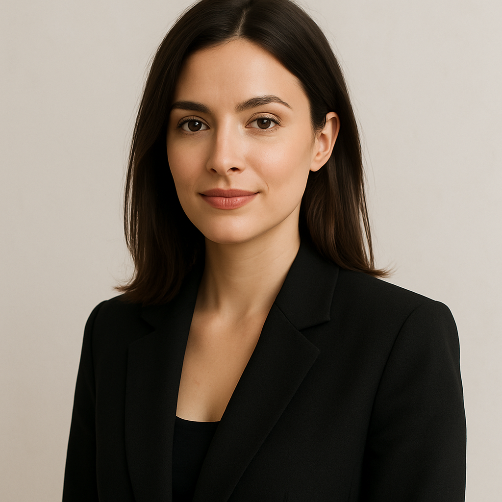 Portrait of Amelia, a stylish professional with shoulder-length dark brown hair and soft smile