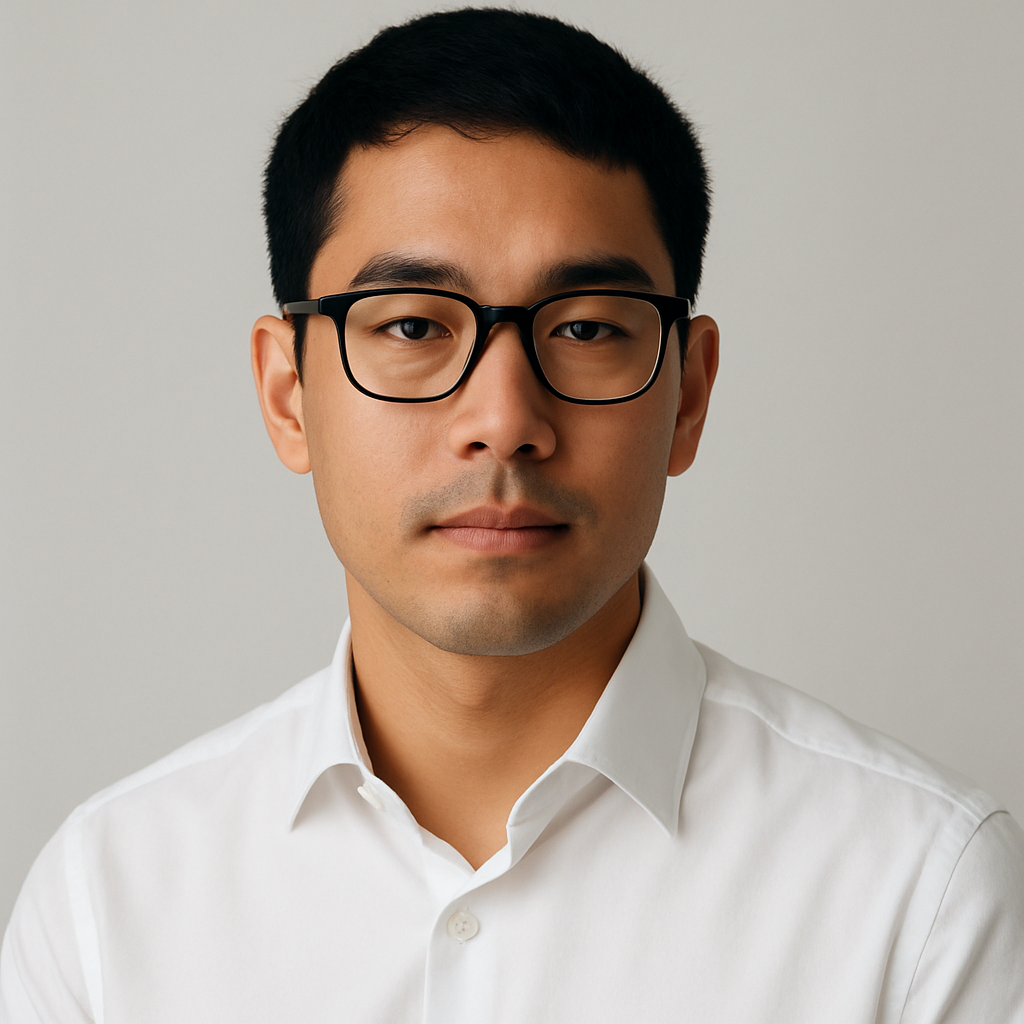 Portrait of Kenji, a young man with short black hair and a calm expression