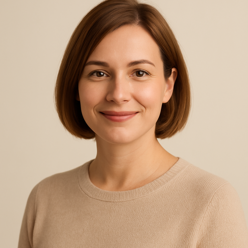Portrait of Sophia, a smiling woman with light brown hair in a neat bob
