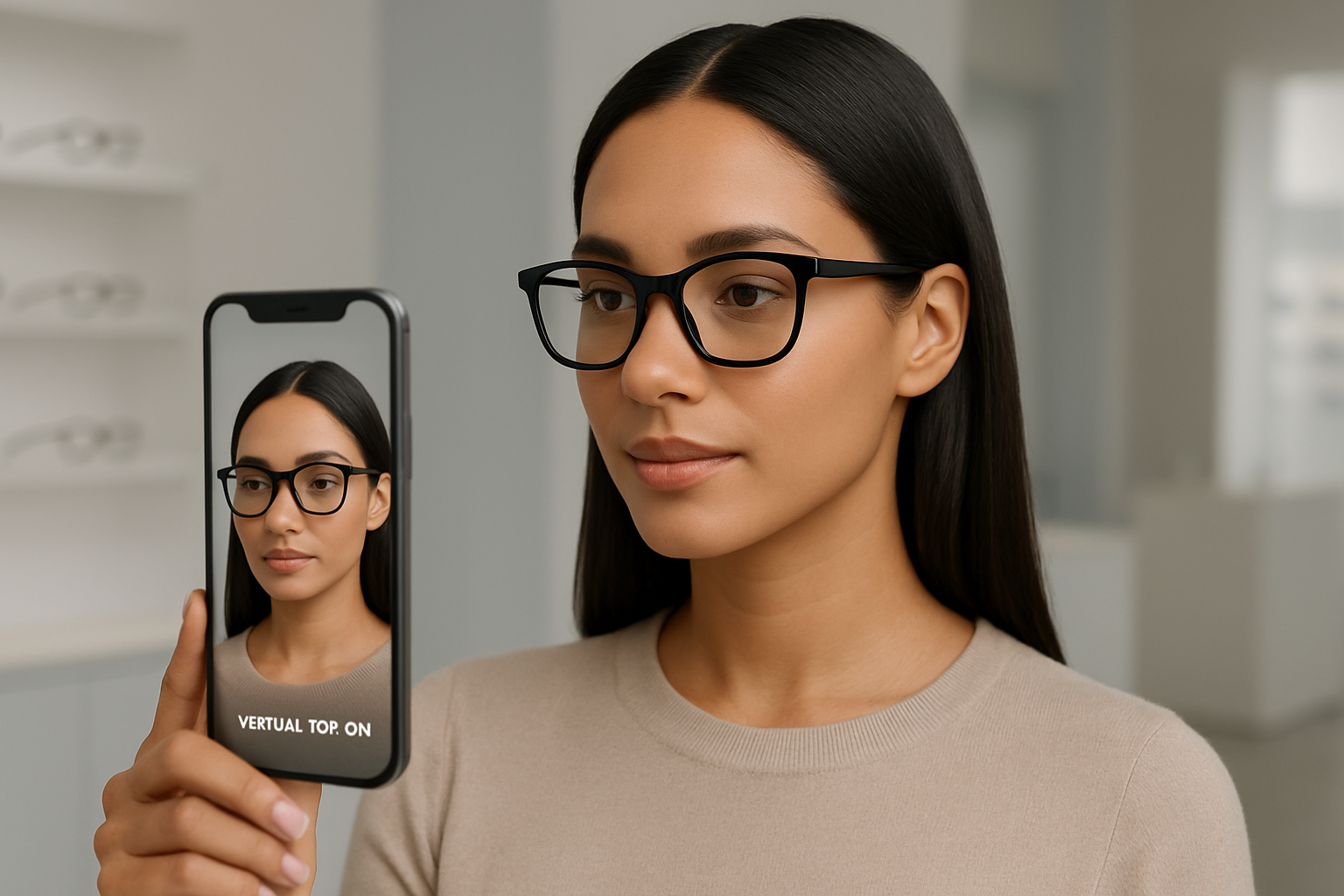 Elegant woman using a virtual mirror to preview modern black eyeglass frames on a mobile device
