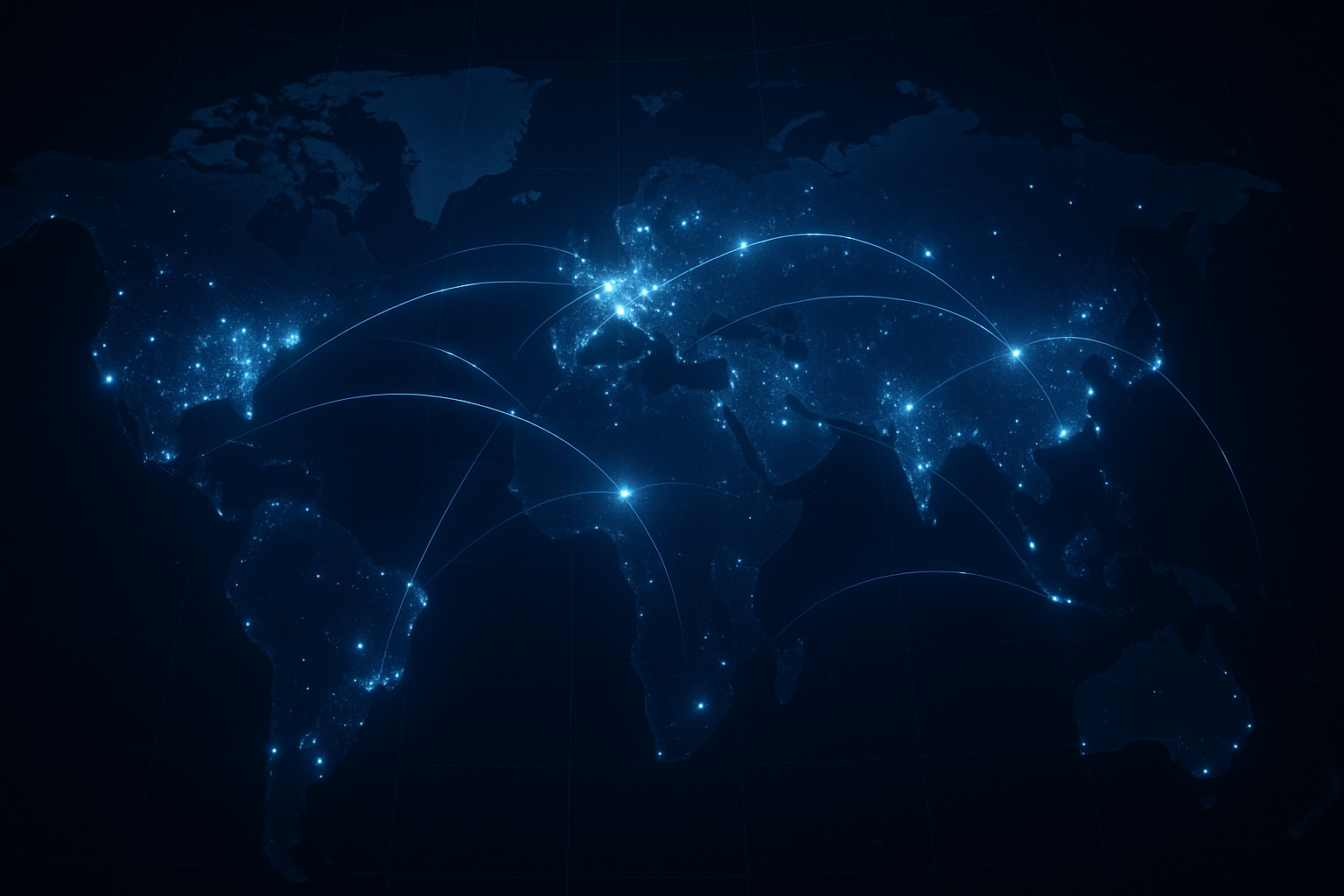 Immersive dark world map interface with a subtle global grid, glowing energy points of varying intensity across continents, and elegant compute-energy signal arcs