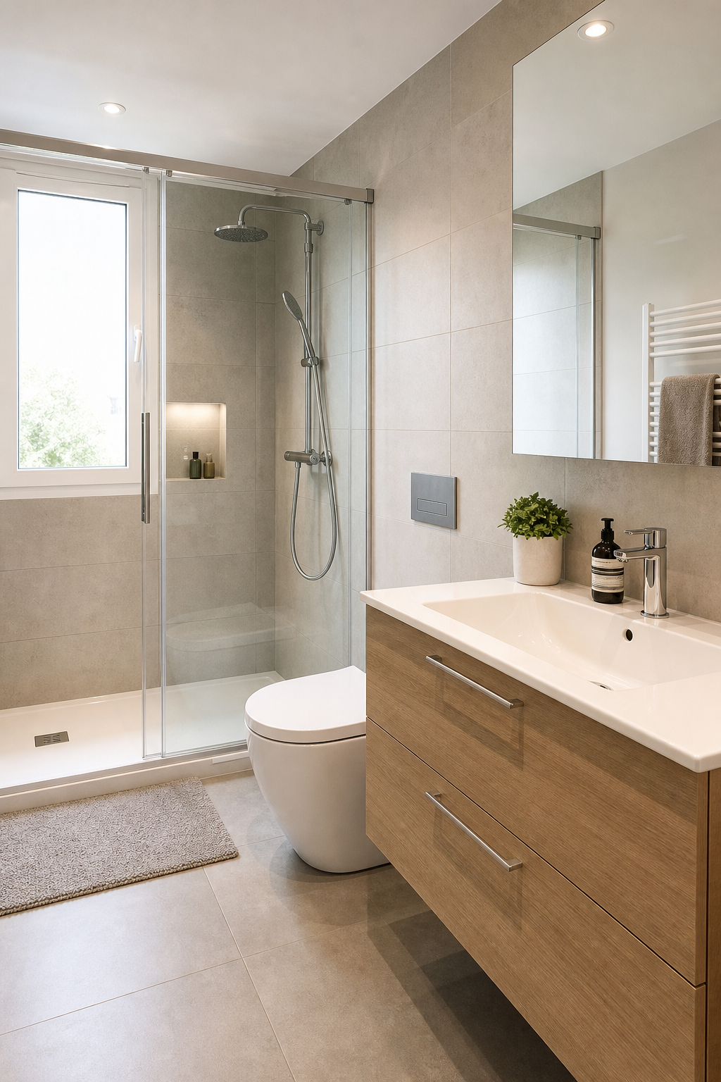 Baño moderno y luminoso tras la reforma, con zona de ducha, revestimiento cerámico y mueble integrado