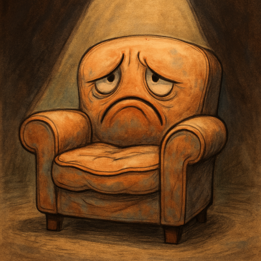 A distressed, faded armchair with exaggerated frown lines and sagging cushions, looking dramatically forlorn under a spotlight.