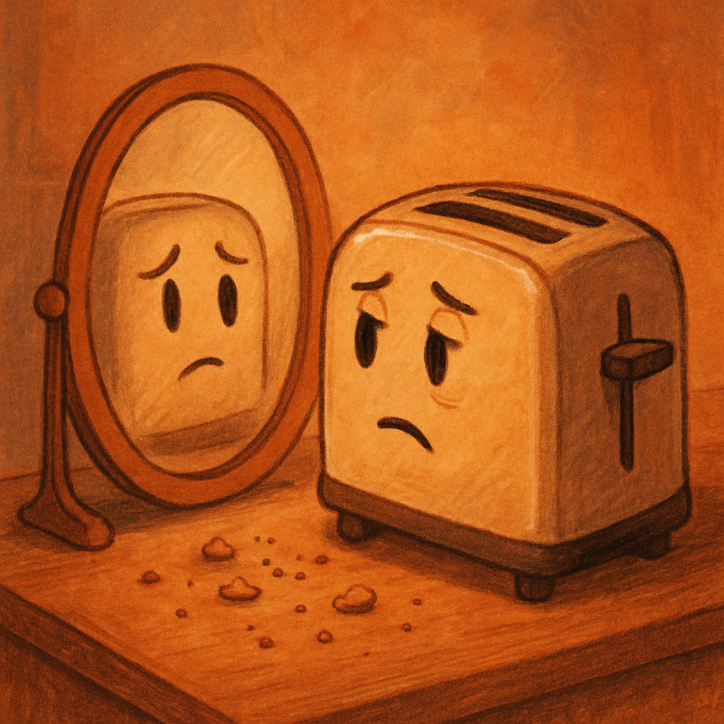 A toaster gazing into a mirror, pondering the meaning of crumbs