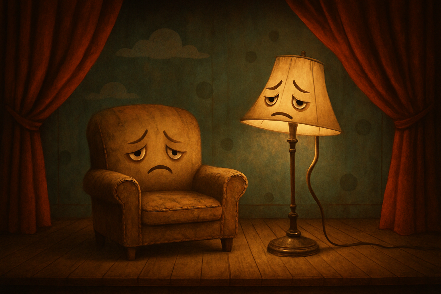 Theatrical stage with warm lighting and whimsical objects like an armchair and a lamp looking dramatic