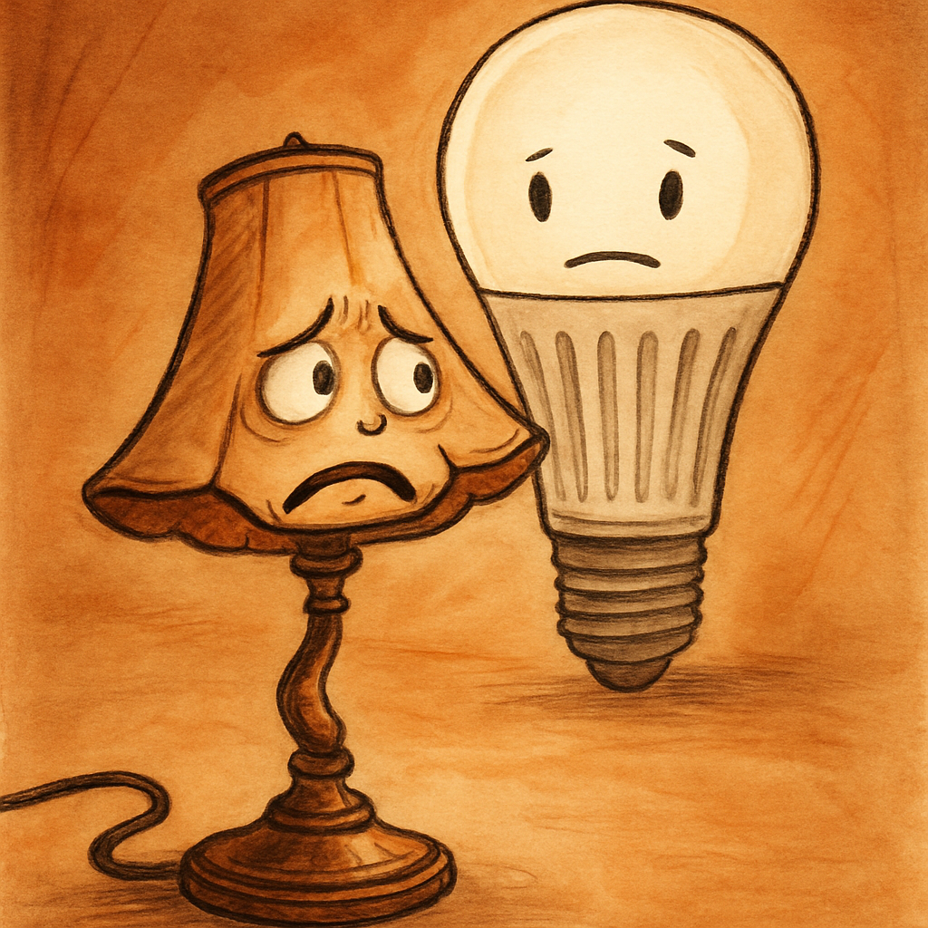A distressed old lamp looking worried as a modern LED bulb looms in the background