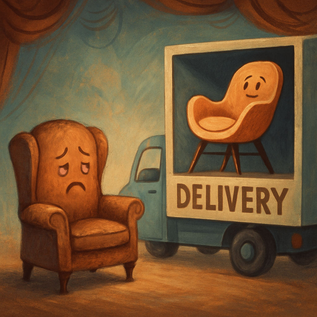 An old armchair looking forlorn as a delivery truck brings a trendy new chair