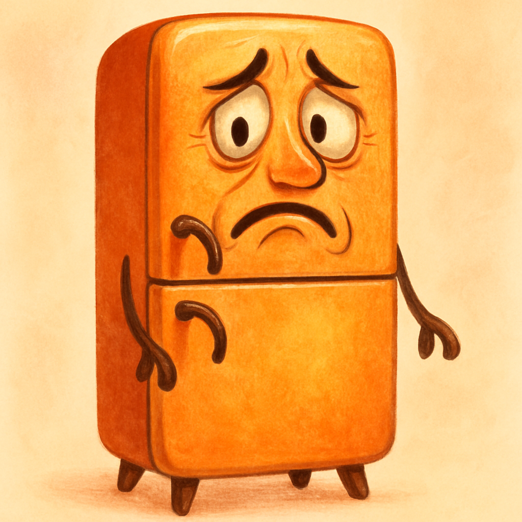 A quirky, vintage refrigerator with a dramatic, expressive face and slightly drooping handles, looking both nostalgic and worried.