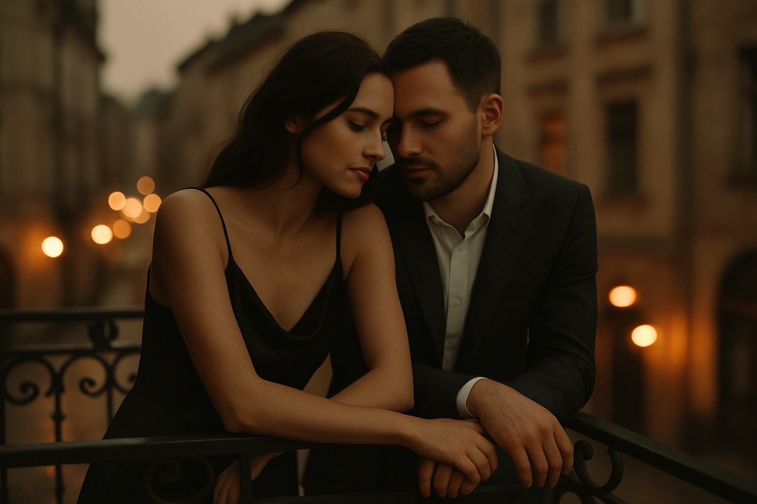 Couple leaning on a wrought iron balcony at dusk with city lights behind them