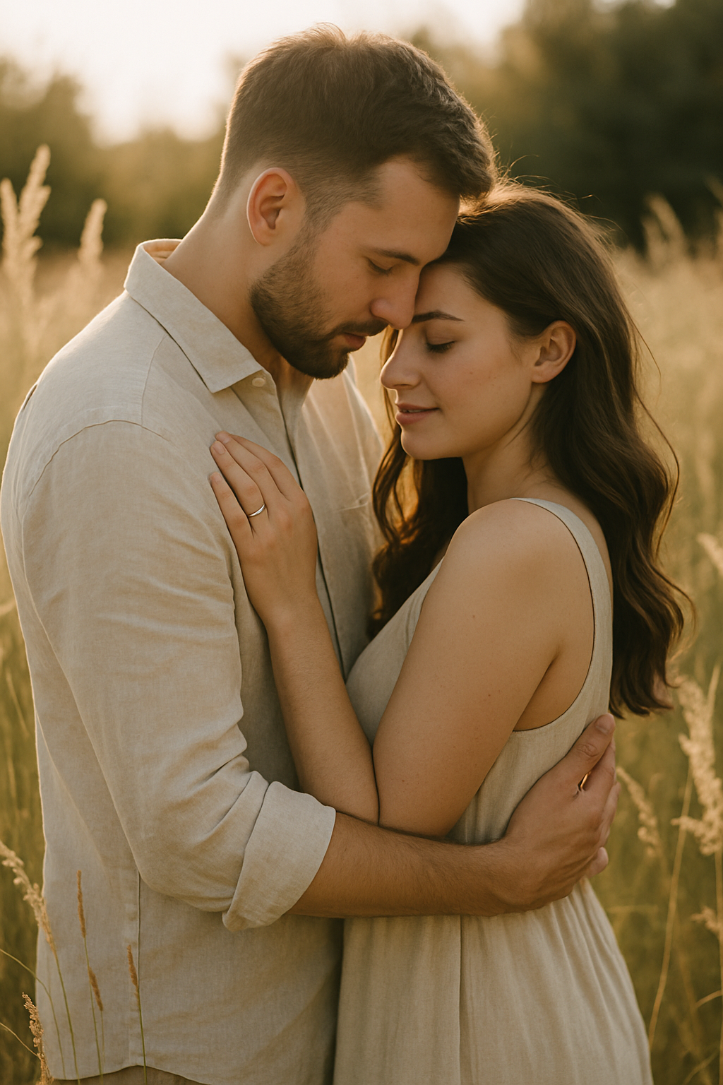 Engaged couple embracing in tall summer grass during golden hour
