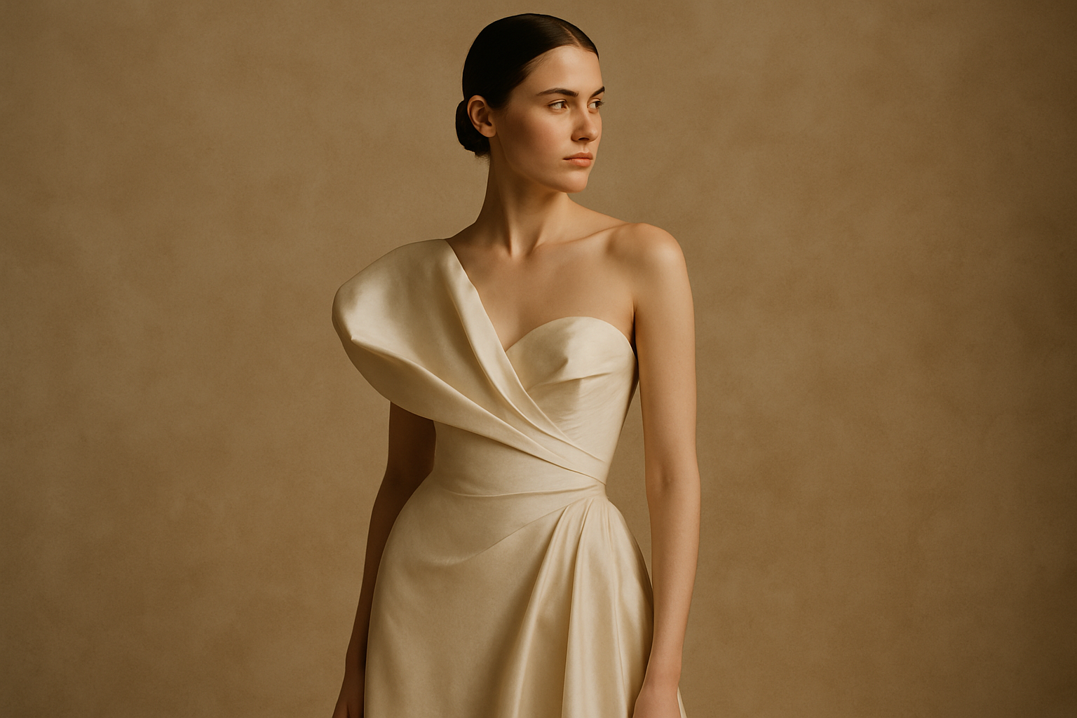 High-fashion editorial of a model in a sculptural cream gown against a textured studio backdrop