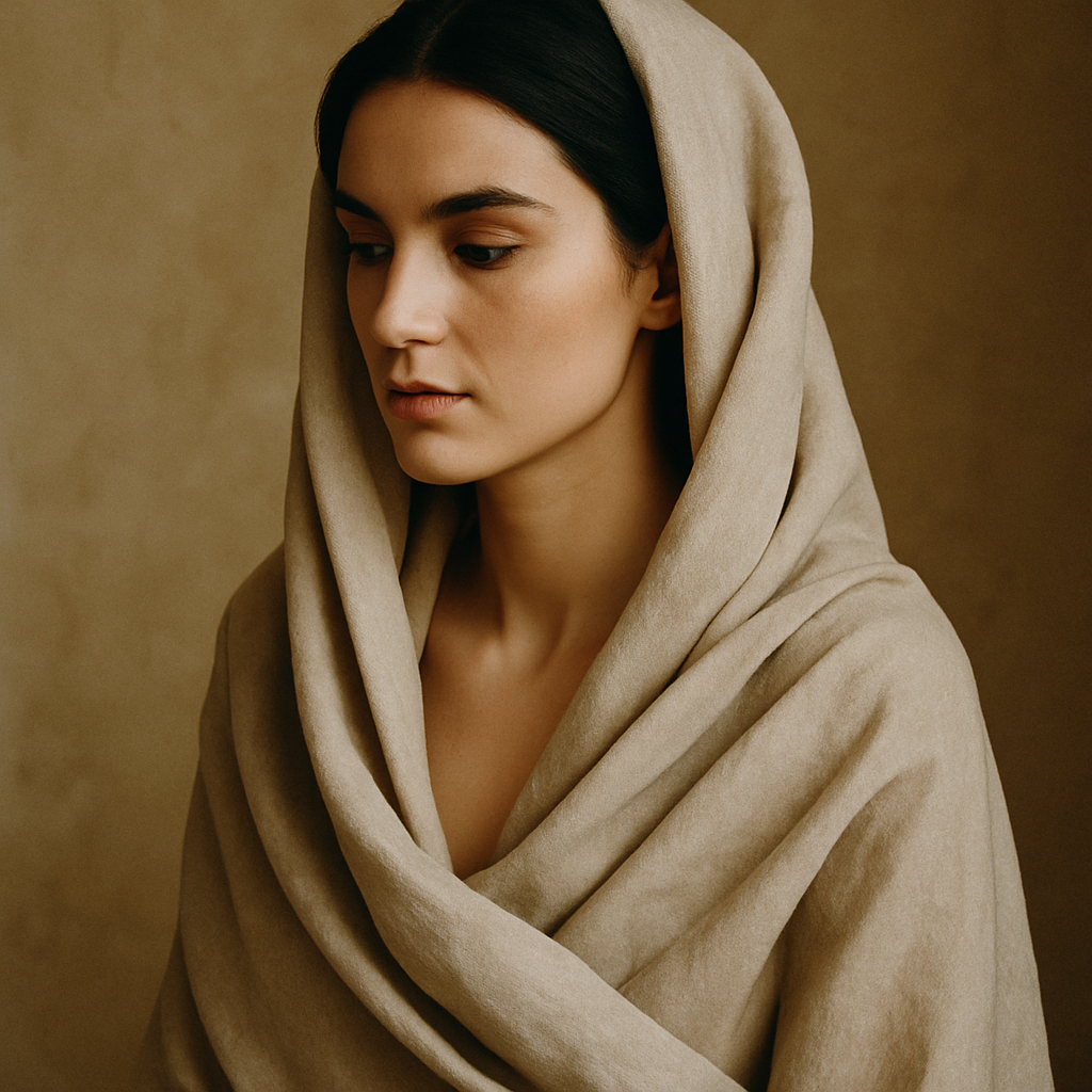 Editorial portrait of a woman in beige linen draping against a warm plaster wall