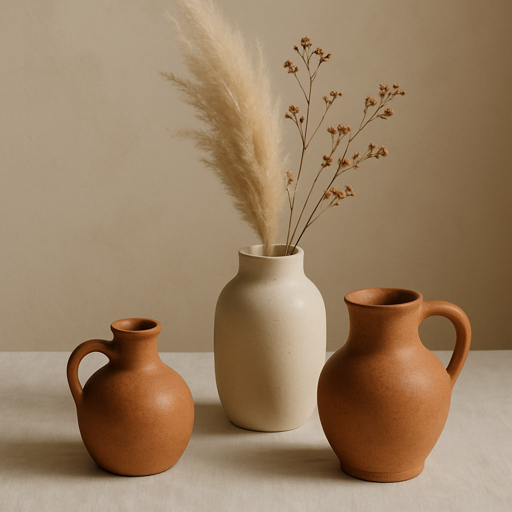 Editorial still life of ceramic vessels and dried botanicals in soft natural side light
