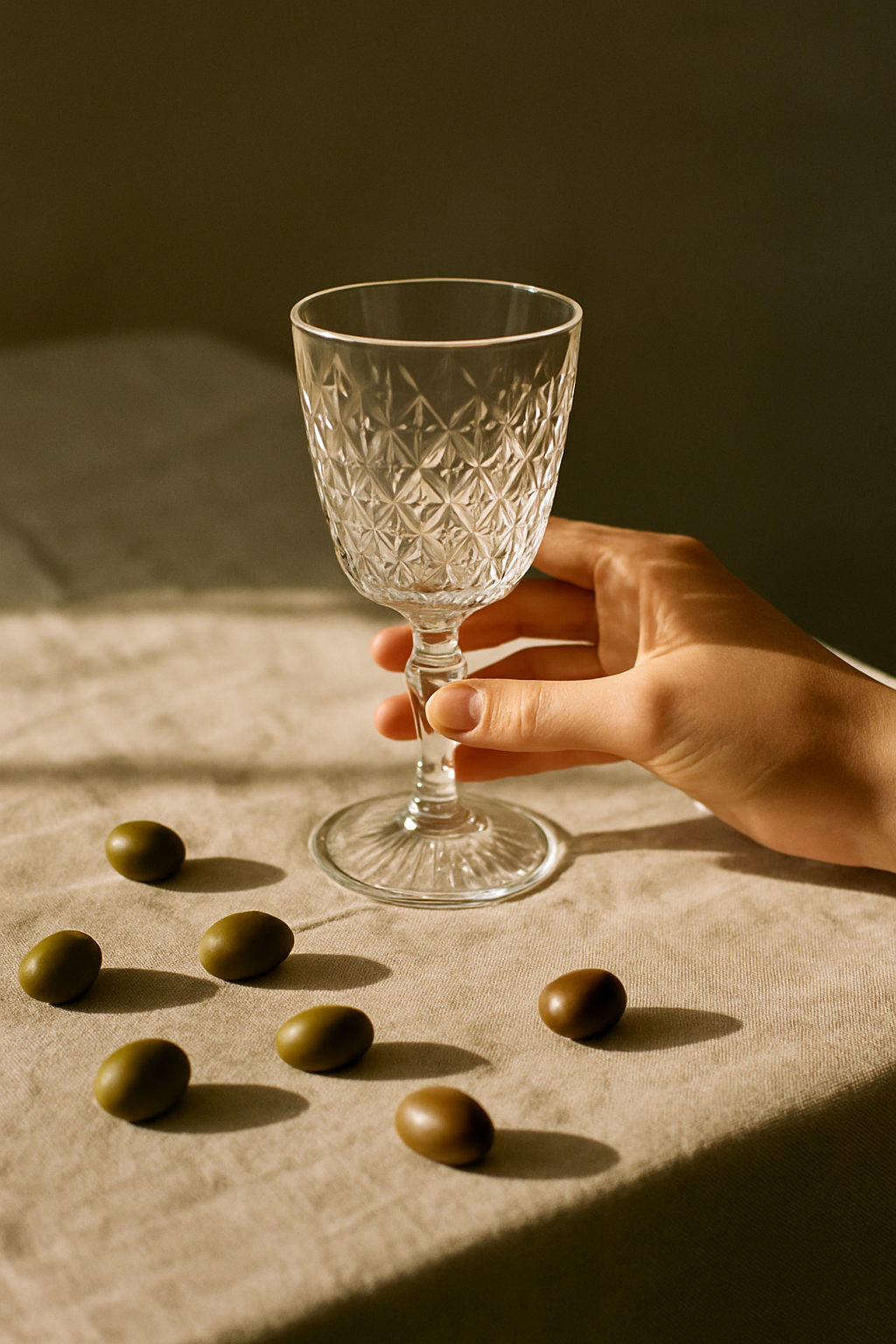 35mm film still of a hand holding a vintage glass of wine on a sunlit table
