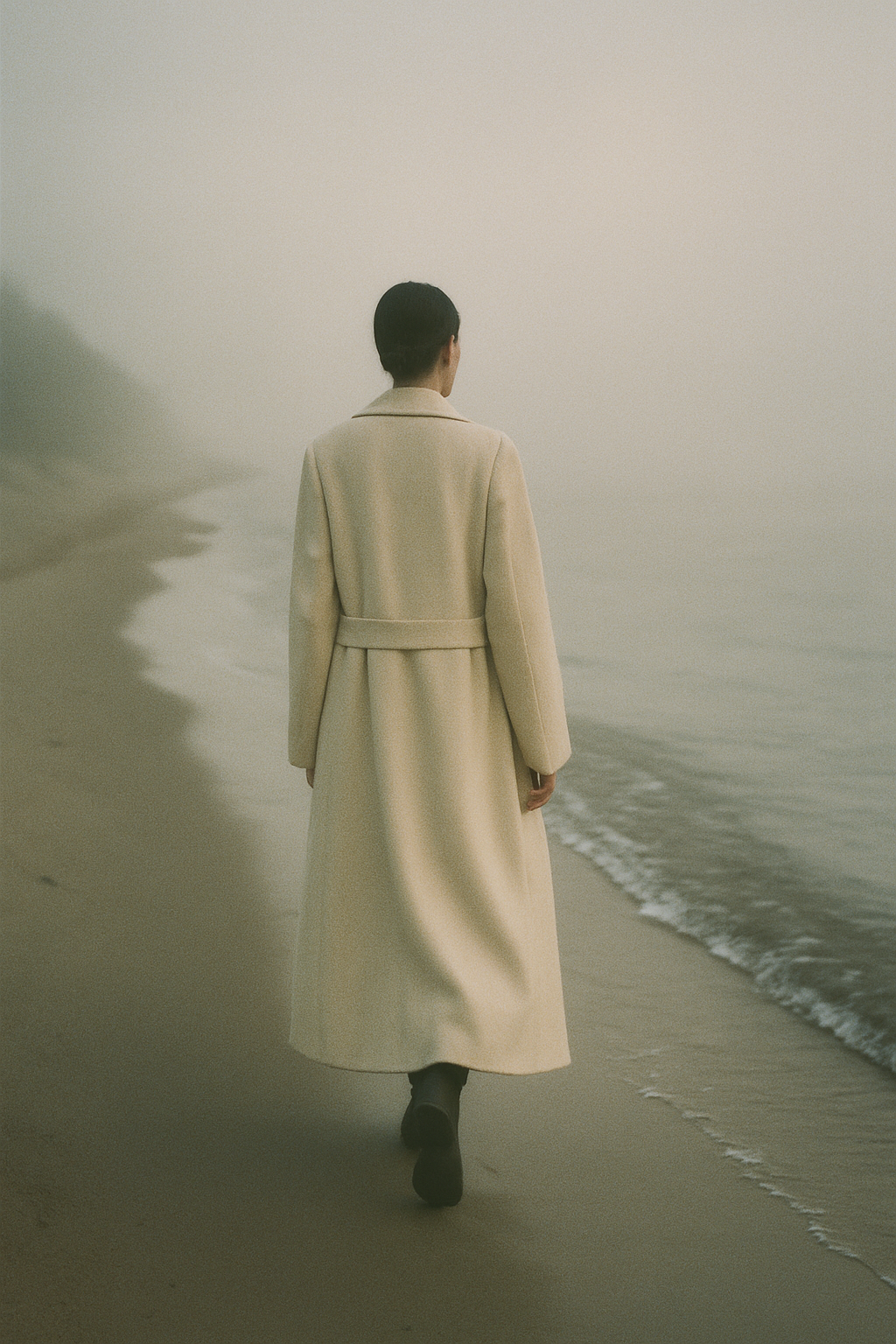 Grainy 120mm film photograph of a woman walking along a misty coastal shoreline