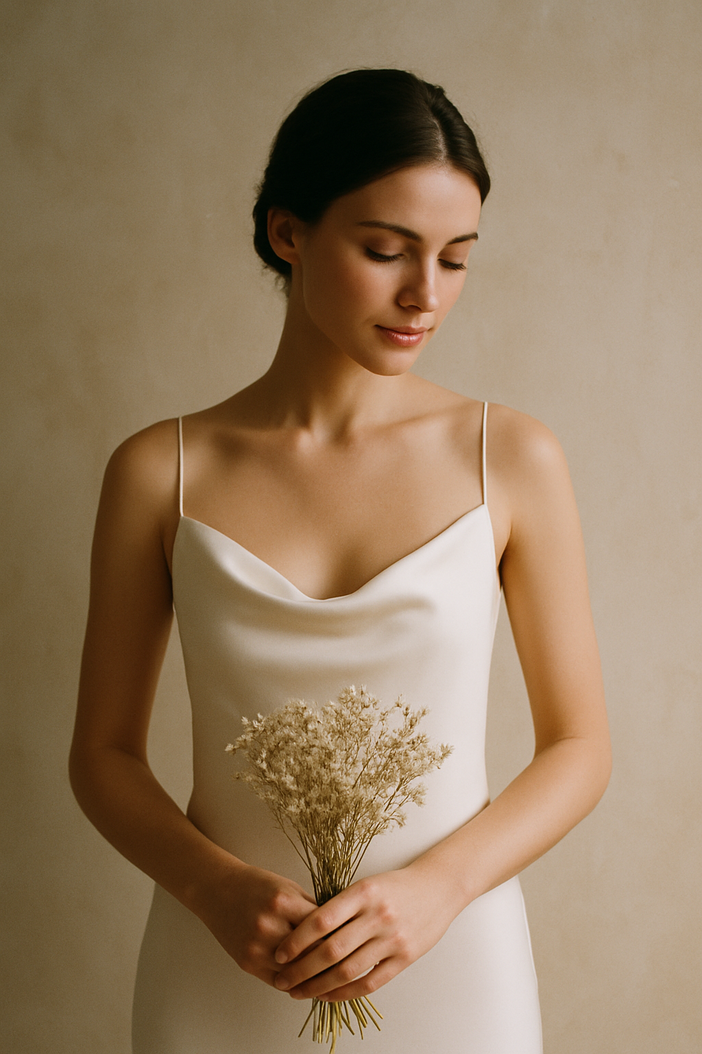 Editorial portrait of a bride in soft natural light wearing a minimalist silk gown, photographed with film grain aesthetic