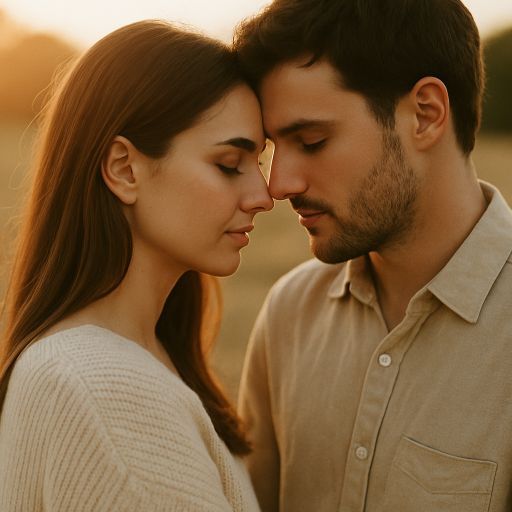 Intimate close-up of a young couple embracing in golden hour light, warm tones, gentle expressions