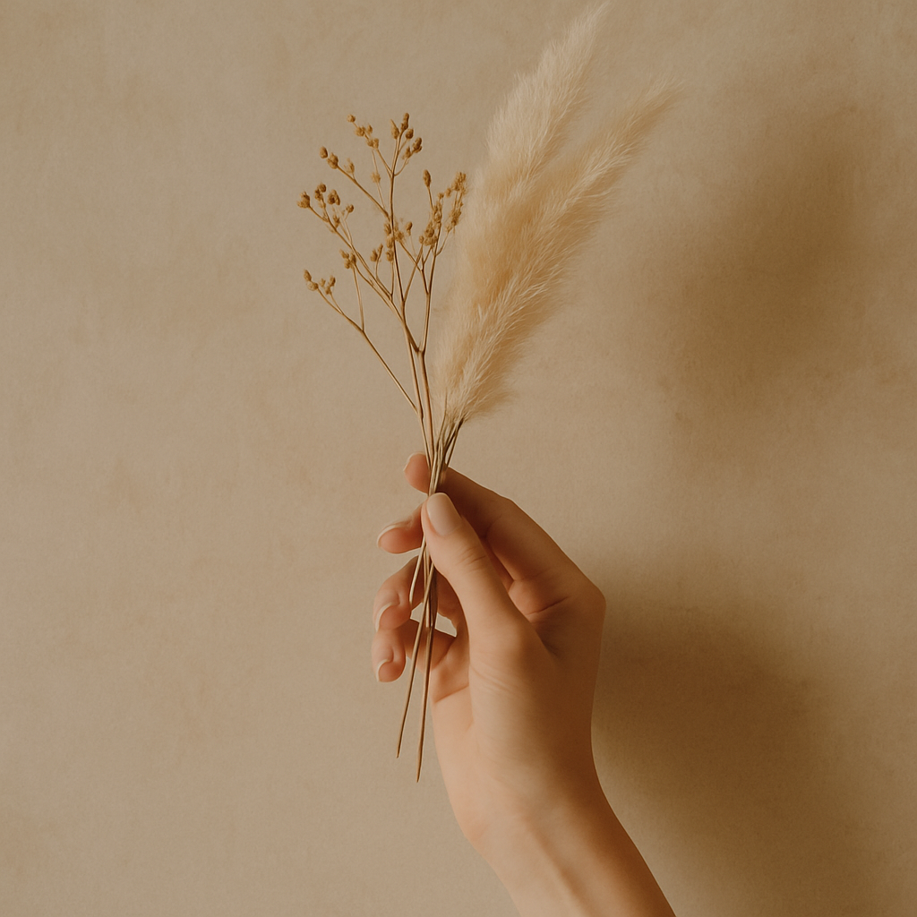 Editorial still life of a delicate hand holding dried wildflowers against a warm beige textured wall