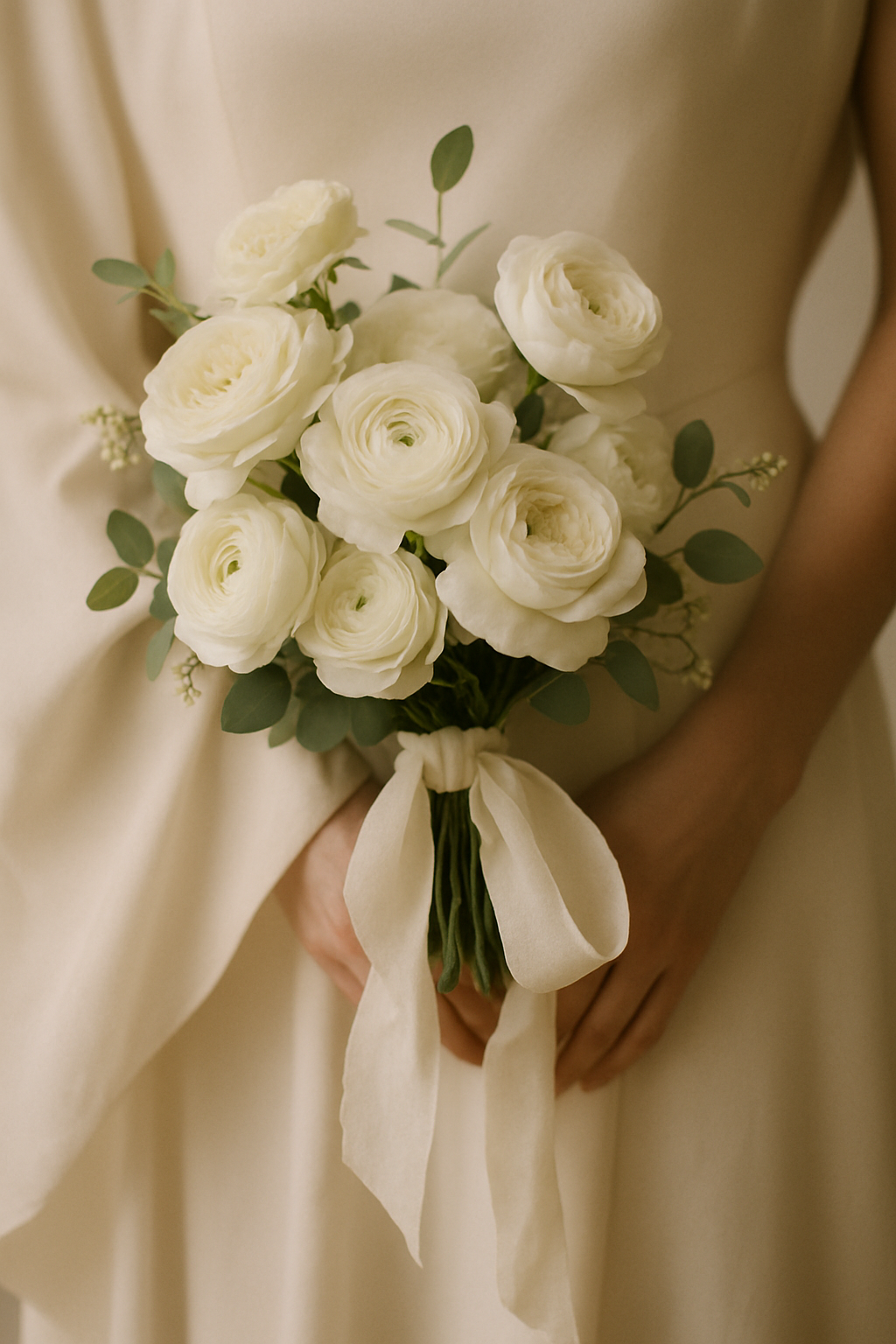 Close detail of a delicate bridal bouquet with white roses and trailing ribbon