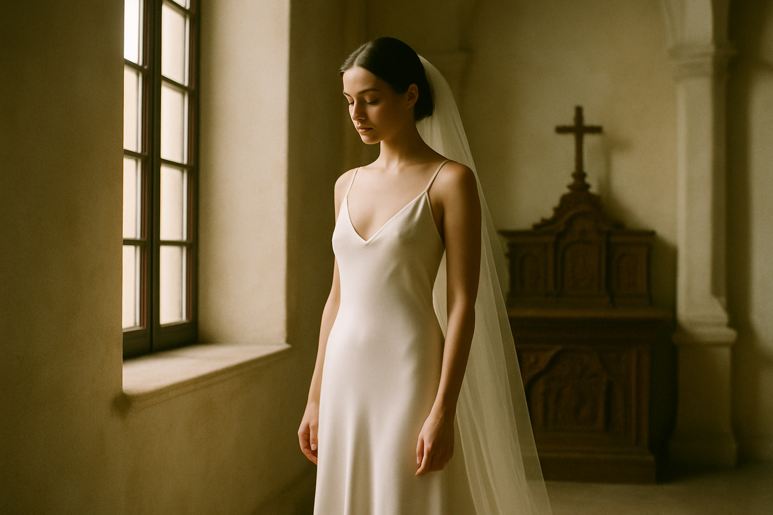 Bride in flowing silk gown standing in soft window light inside a Kyiv chapel