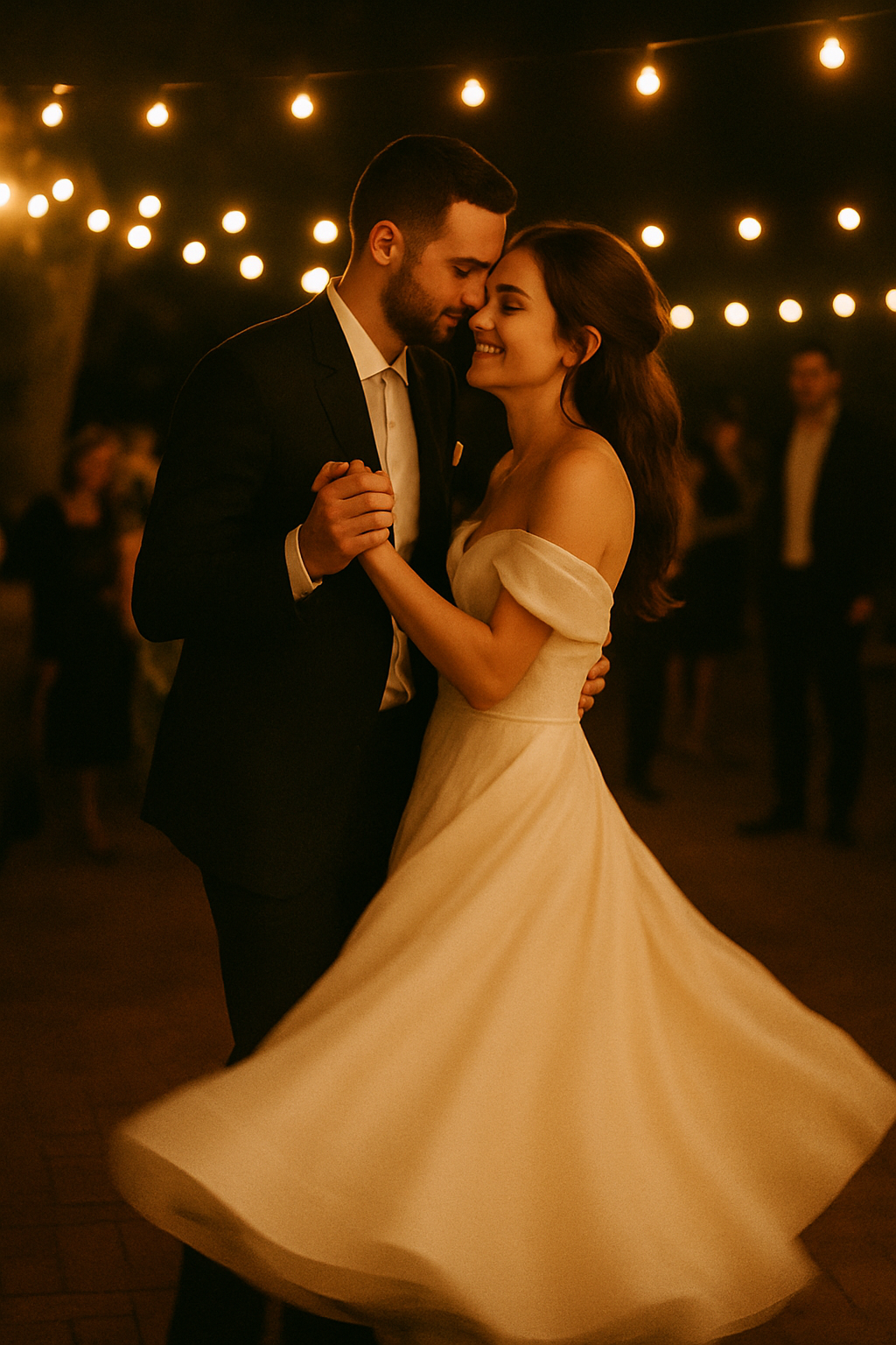 First dance of a couple under warm bistro lights at an intimate evening reception
