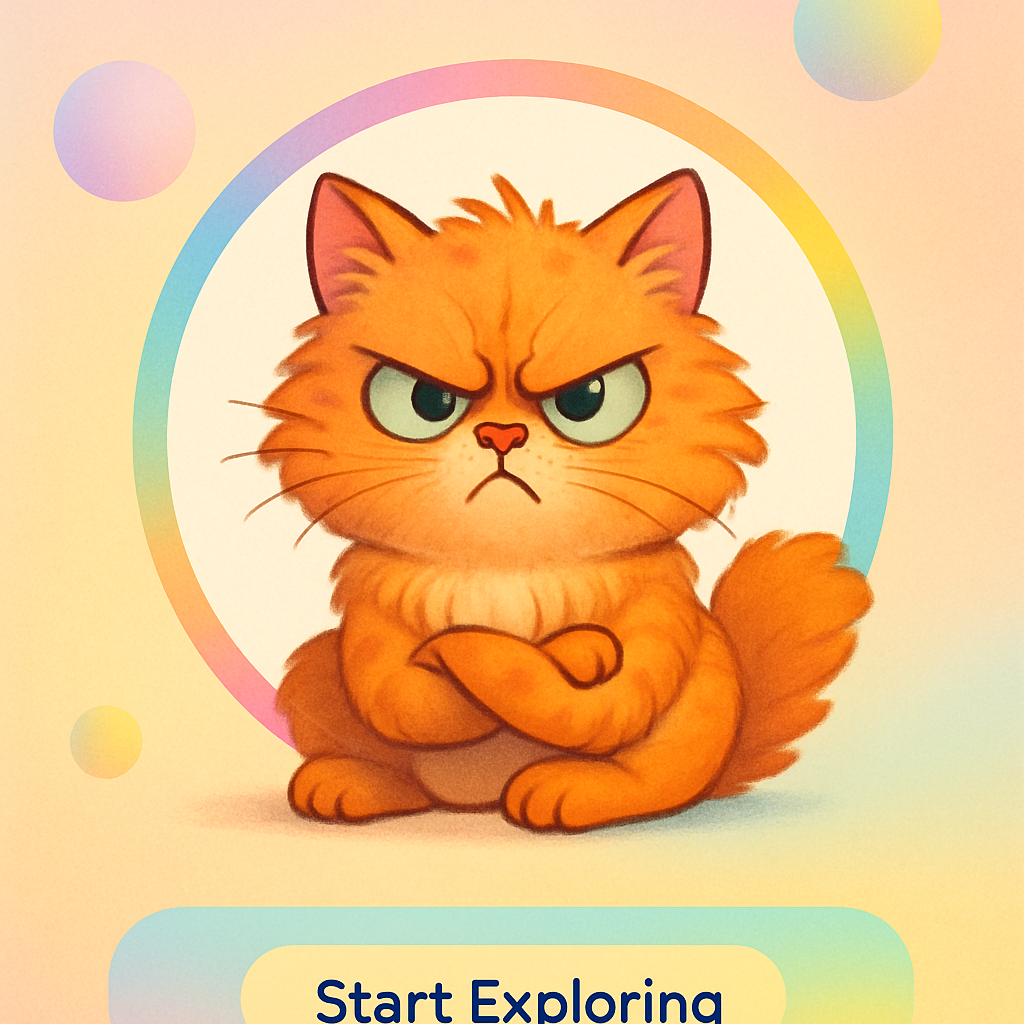 Funny cartoon angry cat with fluffy orange fur and big green eyes, looking playfully grumpy, sitting with paws crossed