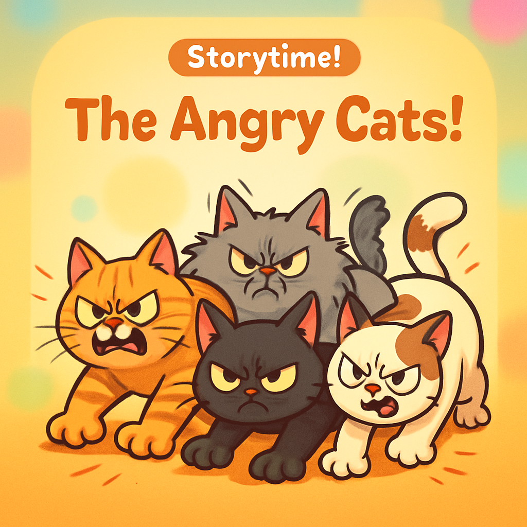 Cartoon group of funny angry cats sneaking with exaggerated expressions, bright colors, and playful style