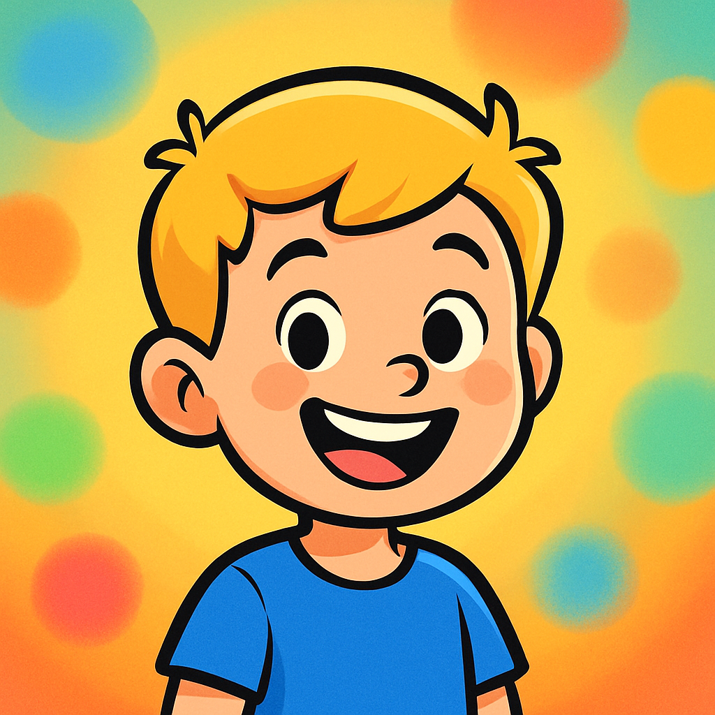 Happy cartoon boy with short blond hair and blue shirt