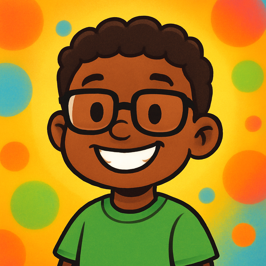 Cartoon boy with dark skin, glasses, and green shirt, grinning