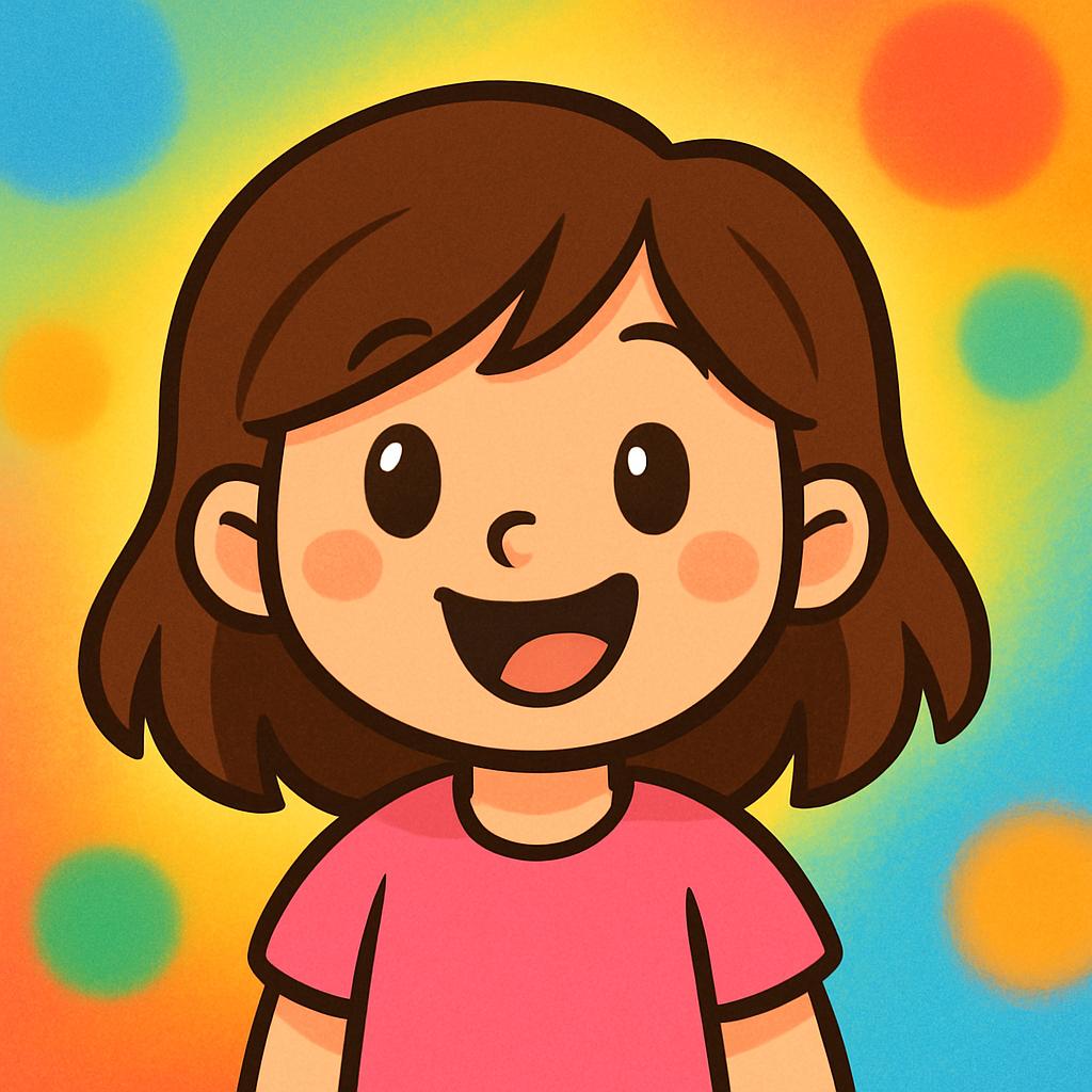Smiling cartoon girl with brown hair and pink shirt