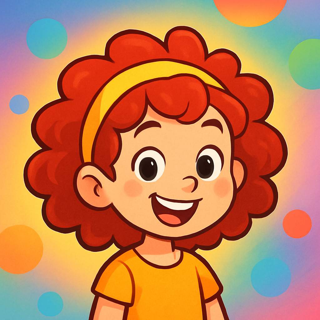 Cartoon girl with curly red hair and yellow headband, smiling