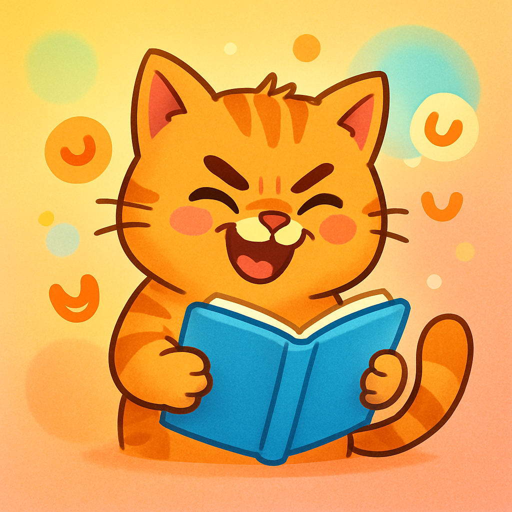 Cartoon angry cat reading a book with a giggling expression and comic bubbles