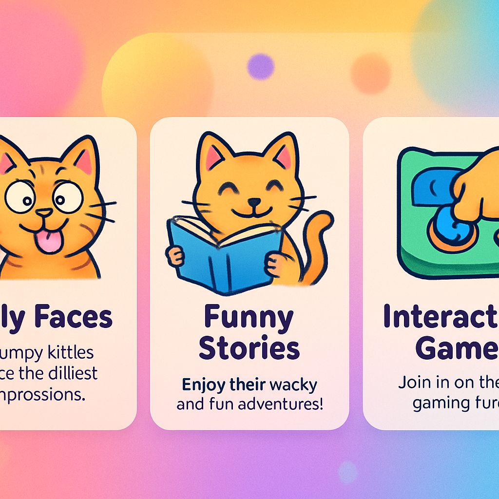 Cartoon angry cat holding a colorful joystick, surrounded by playful game icons