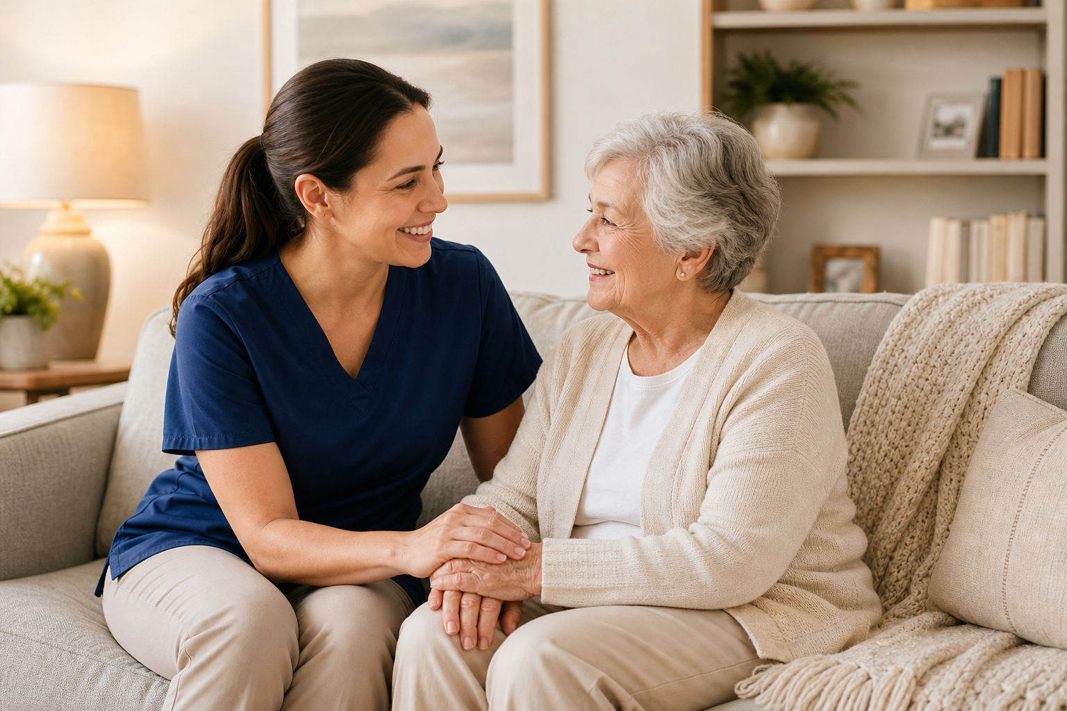 Caregiver sitting beside an older woman on a sofa, gently holding her hand in a warm, tidy living room