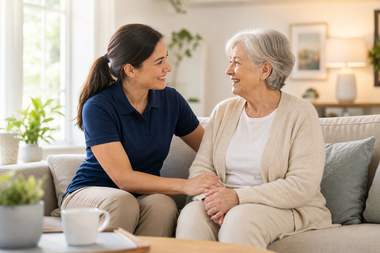 A warm, calming scene of a caregiver sitting beside an older adult in a bright living room, sharing a gentle conversation