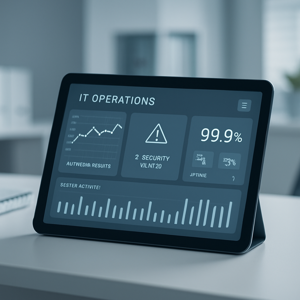 Modern IT operations dashboard on a tablet showing network health, security alerts, and uptime metrics in a clean blue-gray interface