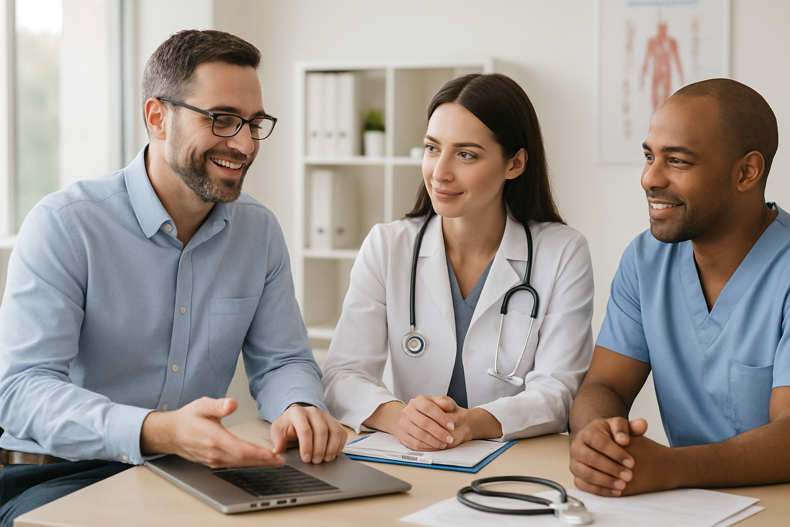 Friendly IT support professional consulting with a small medical office team in a modern, bright clinic