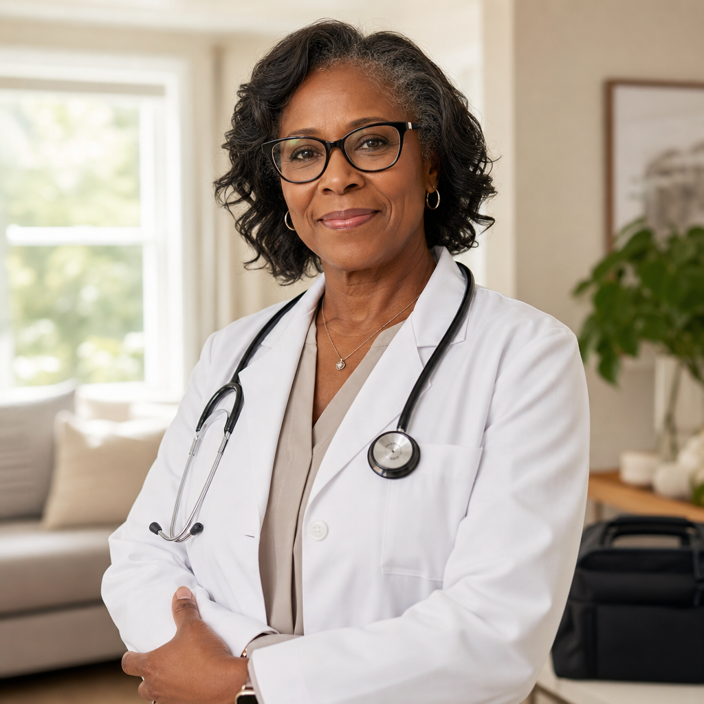 Nurse practitioner in a white lab coat smiling during a mobile primary care home visit in a bright, calm living room