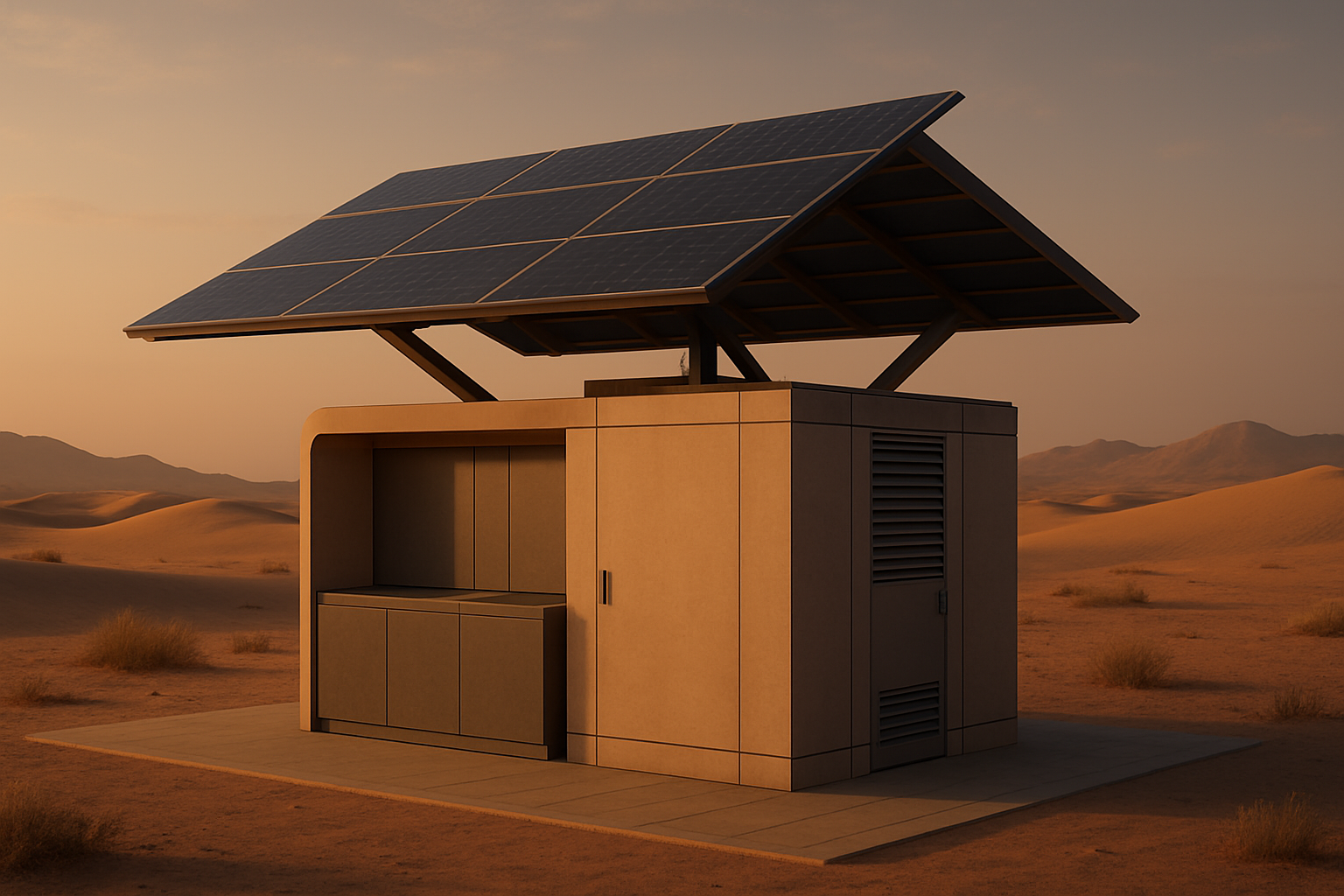 Futuristic desert civic pod concept with solar canopies, modular service core, and warm dusk desert setting