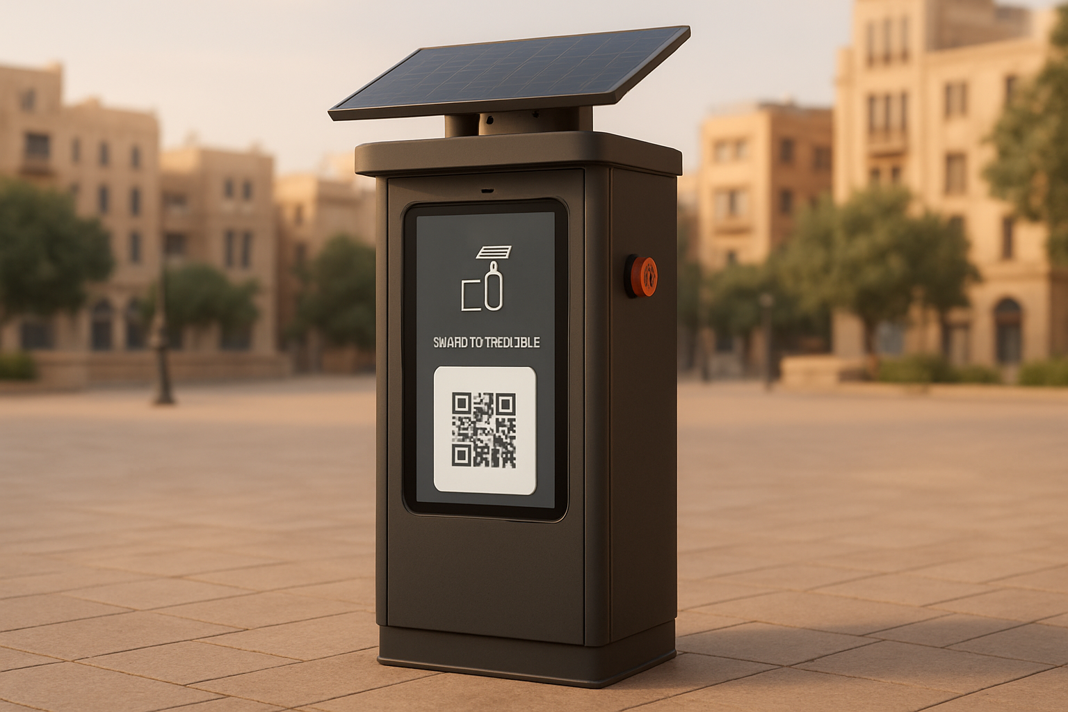كشك STREET PULSE ذكي مستقل مزود بسقف شمسي وشاشة تفاعل QR وزر استغاثة أحمر ضمن بيئة مشاة حضرية