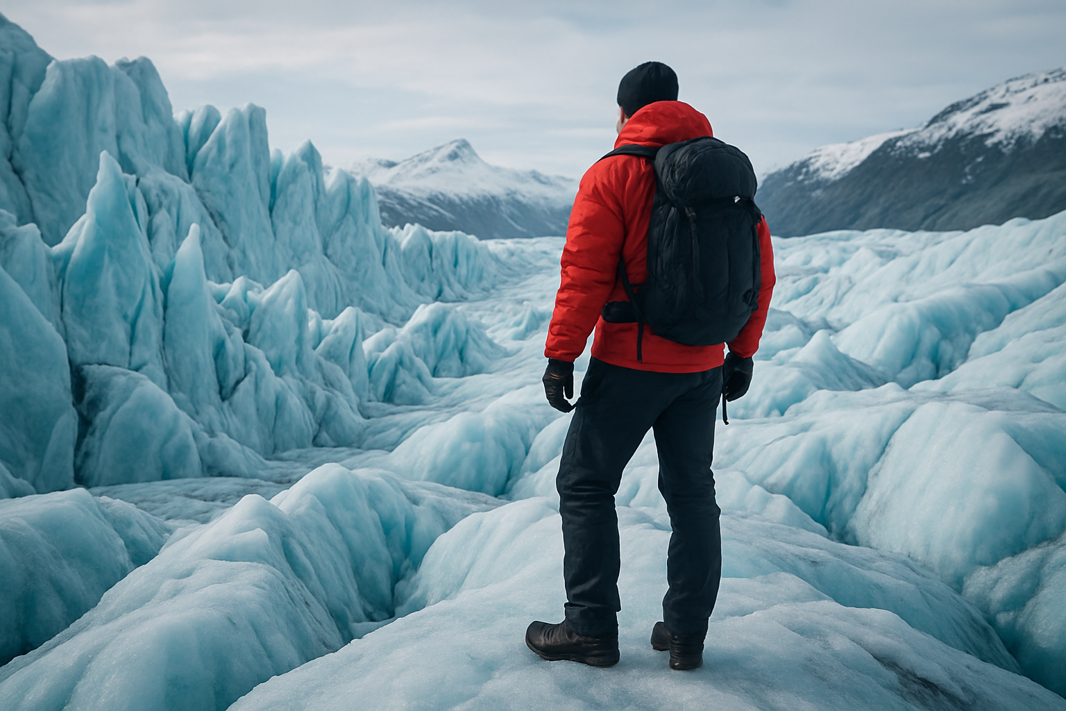 Explorer standing on a glacier with trekking gear