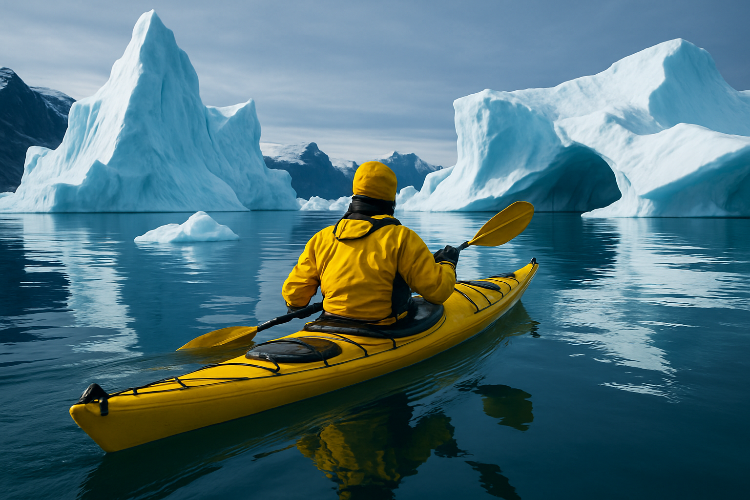 Kayaker in a bright jacket paddling among icebergs