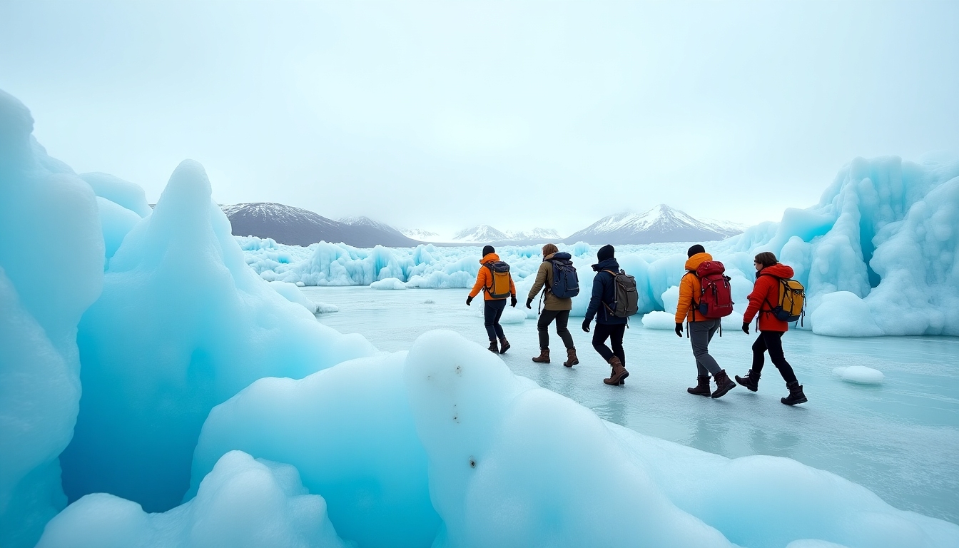 Small group of explorers trekking across a blue glacier