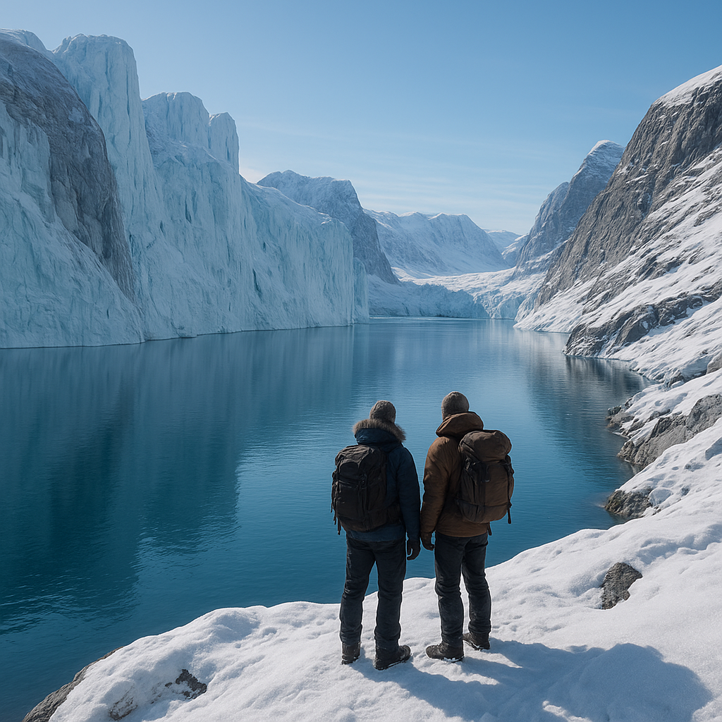 Icy Greenland fjord with explorers