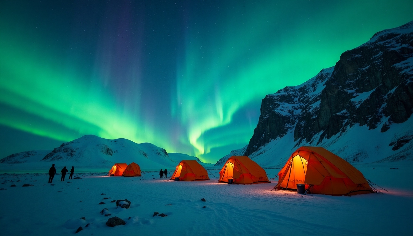 Expedition camp with tents beside a glacier under northern lights