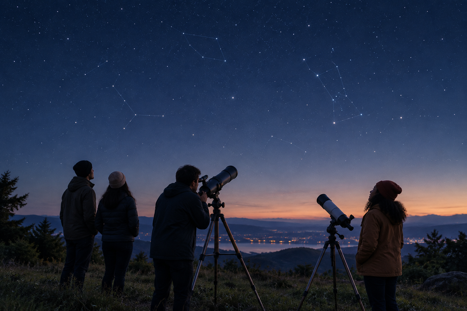Small group of amateur stargazers standing beside telescopes at dusk, quietly observing a clear star-filled sky