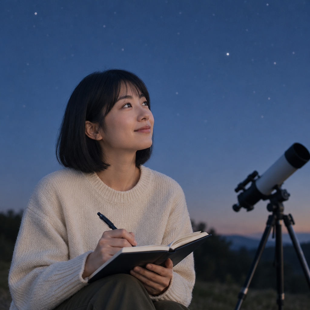 Eva Kim writing notes in a field journal under evening sky