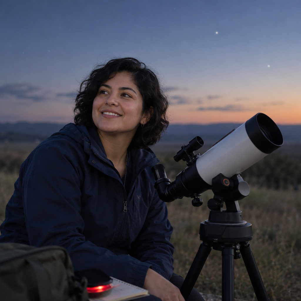 Lina Ortega smiling beside a compact telescope on a dusk field