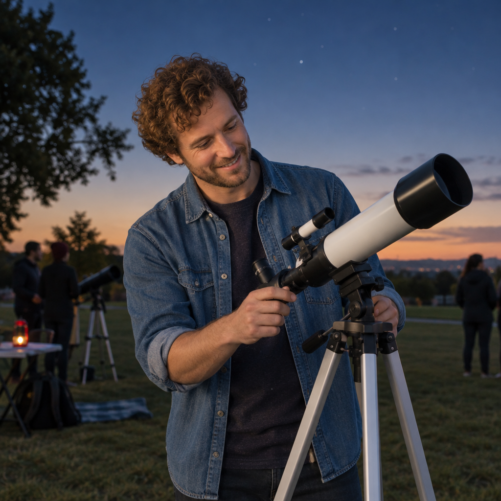 Noah Bennett adjusting a beginner telescope setup at a community park