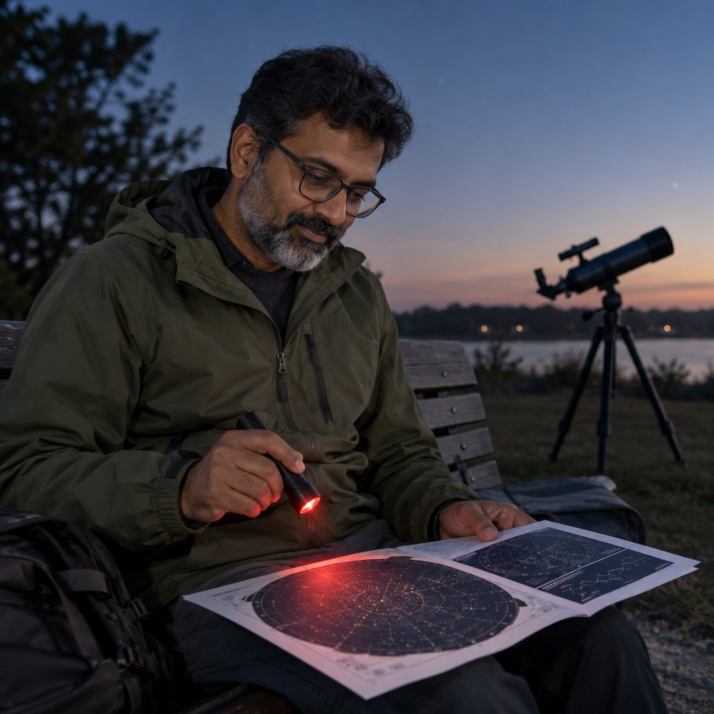 Samir Patel holding a red-light flashlight near star charts